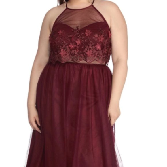 Burgandy Tulle Two-Piece Ball Gown Dress - Picture 1 of 2
